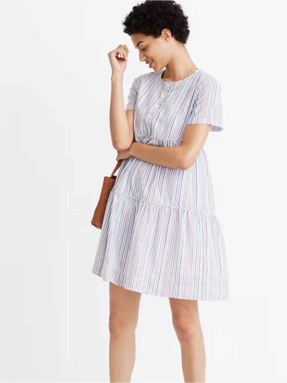 Madewell Pastel Multi-Stripe Short-Sleeve Tiered Mini Dress
